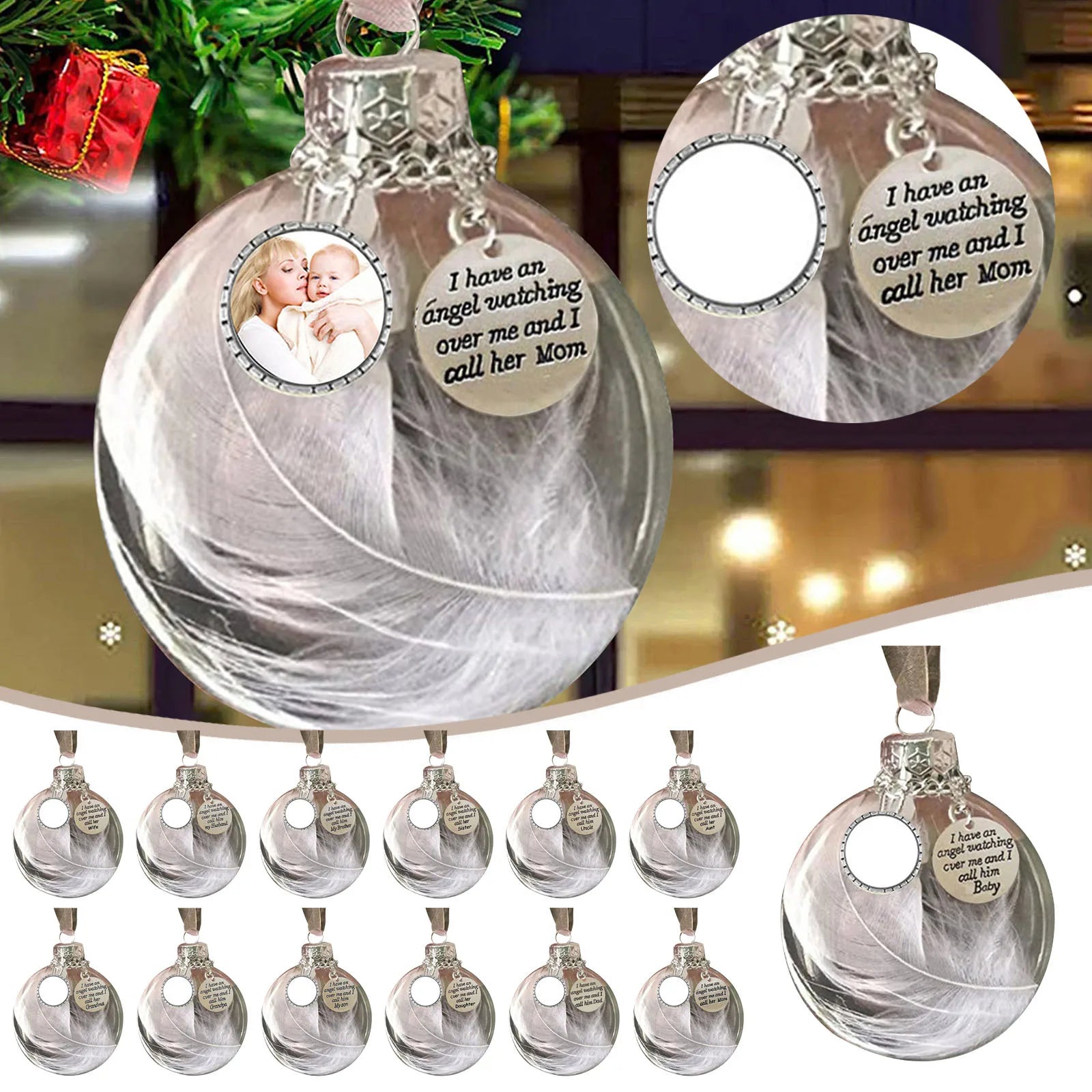 RubySub Modern Heart Memorial Ball Christmas Ornament Transparent Feather Pendant for Decorations Factory Wholesale