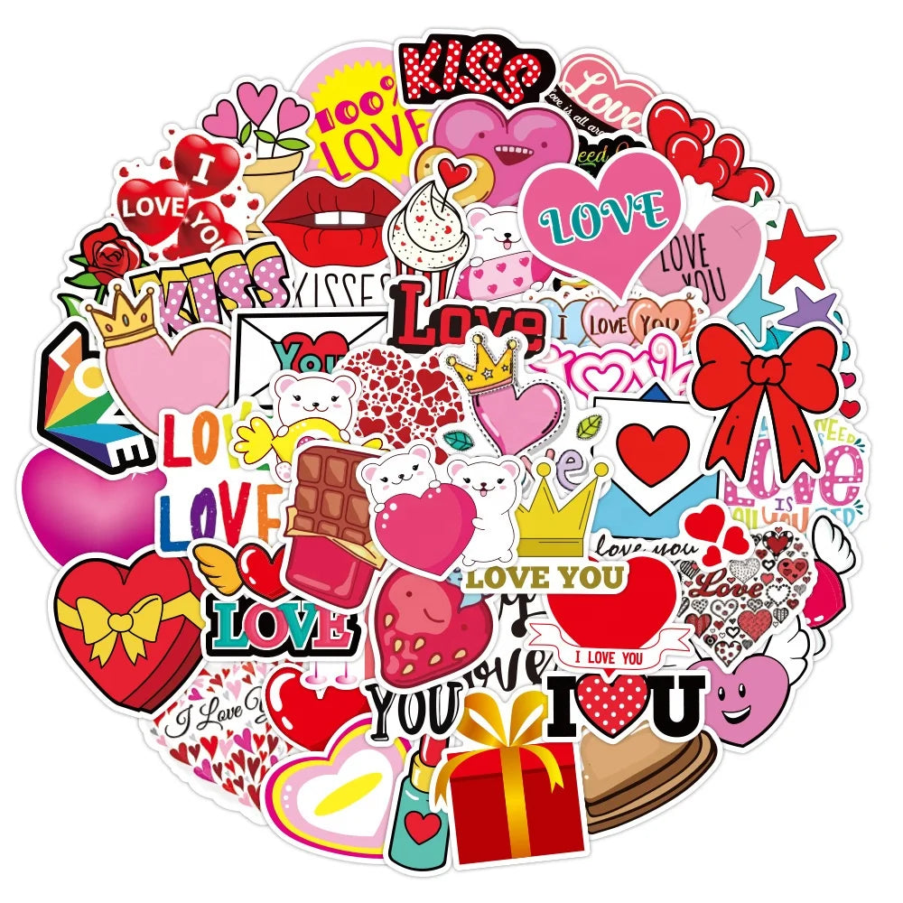 50Pcs I Love You Valentines Day Red Heart Label Stickers for Hydro Flask Cup Bottle Phone Suitcase Guitar Diy Stickers