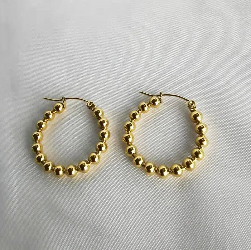 Wholesale Bijoux En Aci Inoxyd Waterproof 18K PVD Gold Plated Earrings Tiny Little Beads Hoops Beaded Hoop Earrings Women