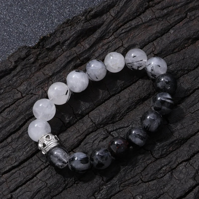 VEROMCA Hot Selling Hollow Heart Stainless Steel Bracelet for Women Black and White Beads Natural Crystal Bracelet Jewelry