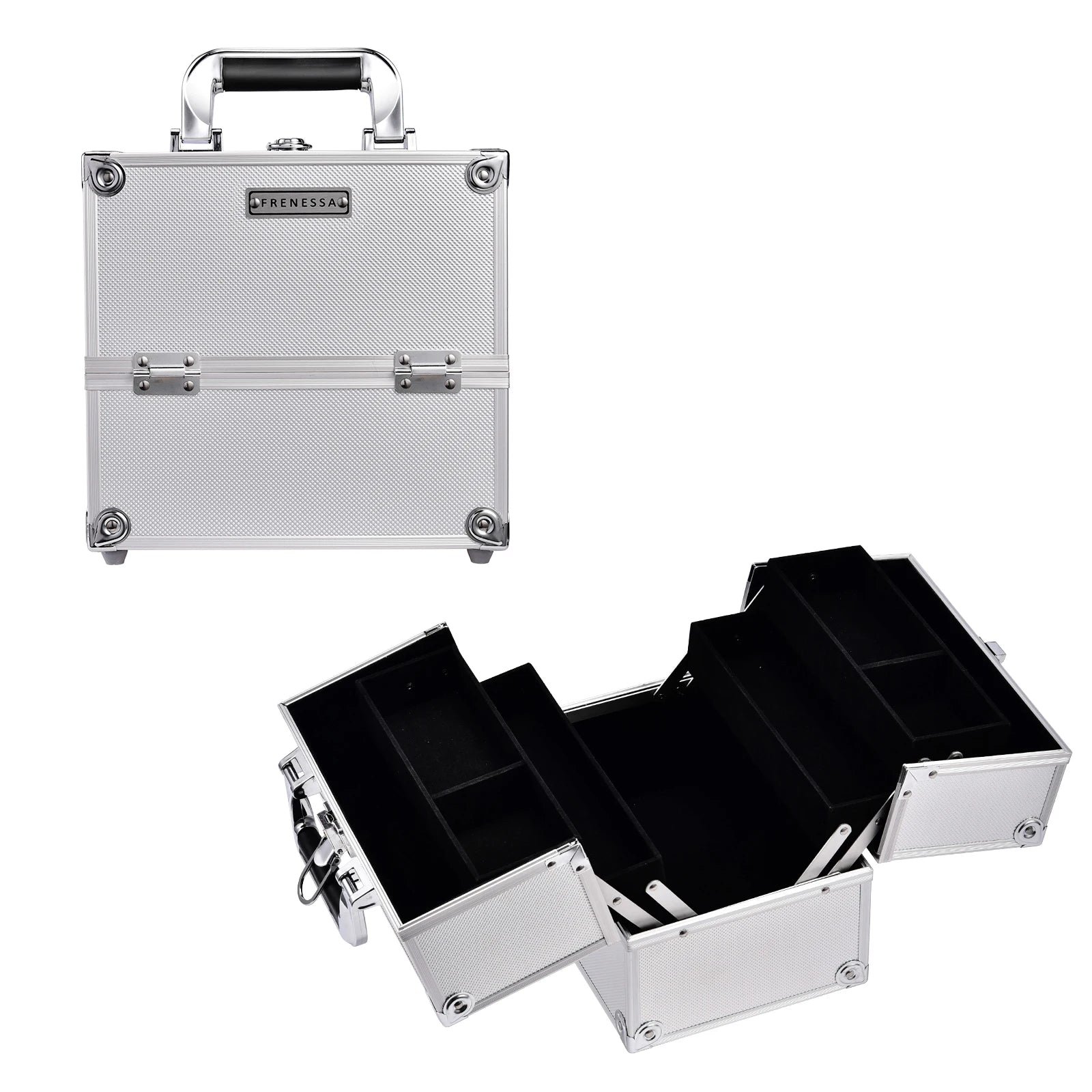 Professional Cosmetic Train Case 4 Trays Portable Aluminium Vanity Box Beauty Organizer Lockable Makeup Suitcase Nail Cases Open