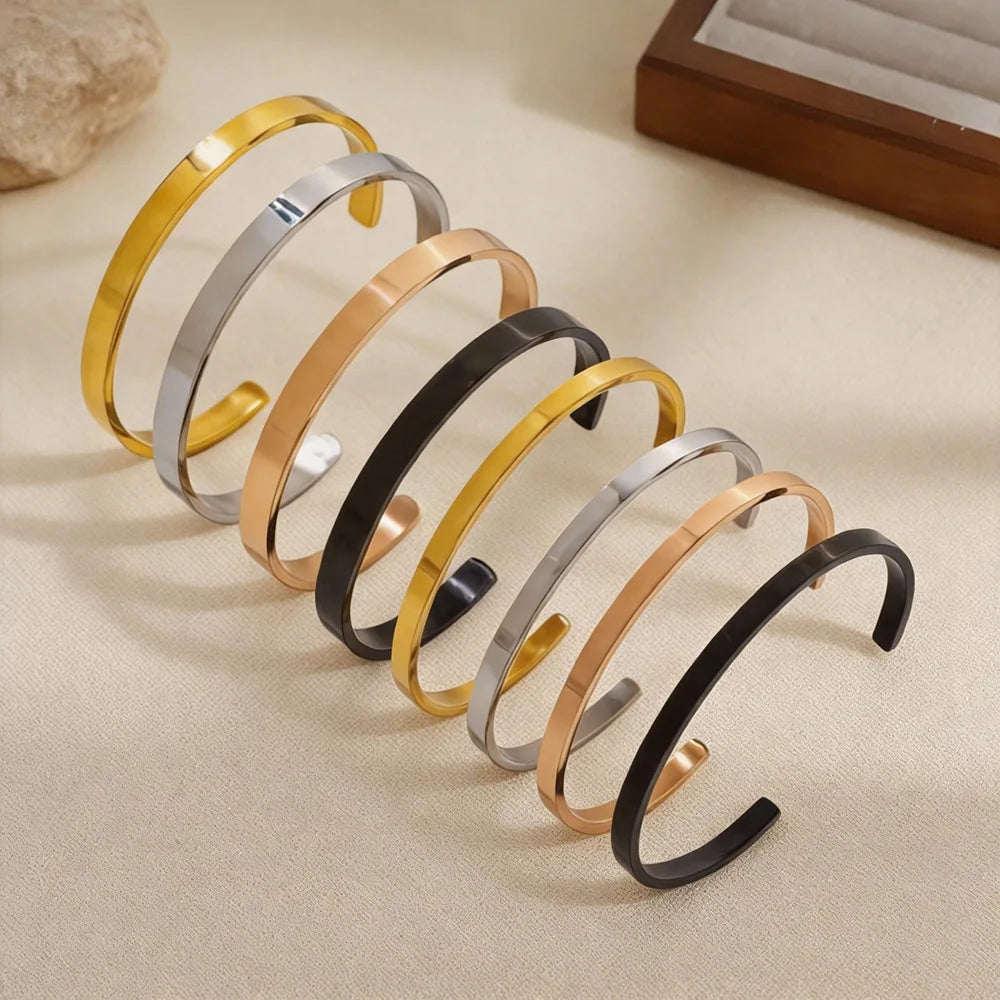 Wholesale Fashion Jewelry 18K Gold Stainless Steel Vintage Simple Bracelet Smooth Plain C-shape Cuff Bracelet Bangles for Women