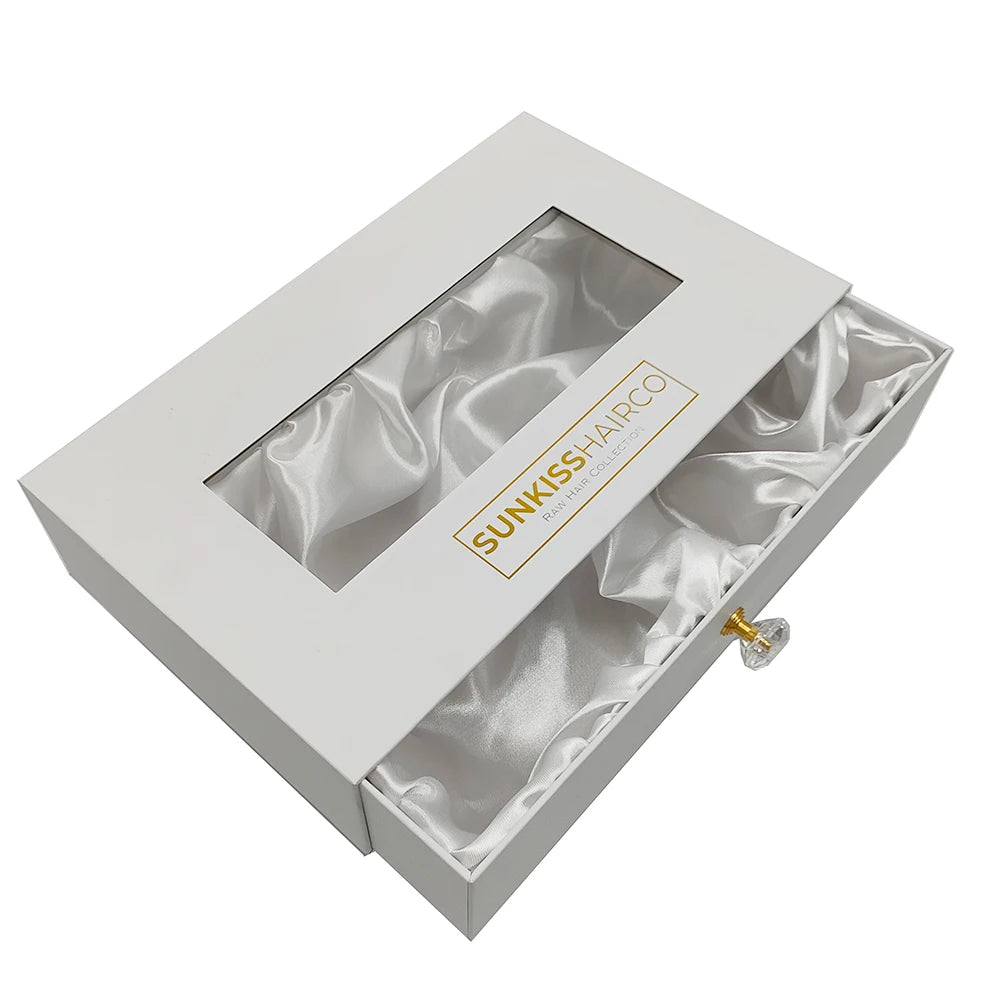 Luxury Wigs Hair Extension Slide Gift Box With Clear Window Crystal Handle Drawer Box With Satin Cloth Custom Packing Box