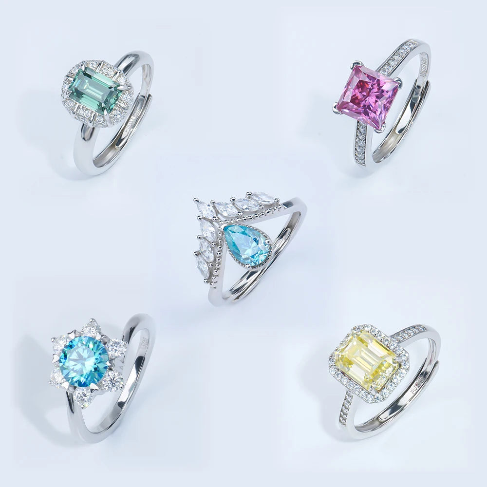 Custom Personalized Wholesale Bulk Price Adjustable Ladies Women Engagement Wedding 925 Silver Gemstone Moissanite Colored Ring