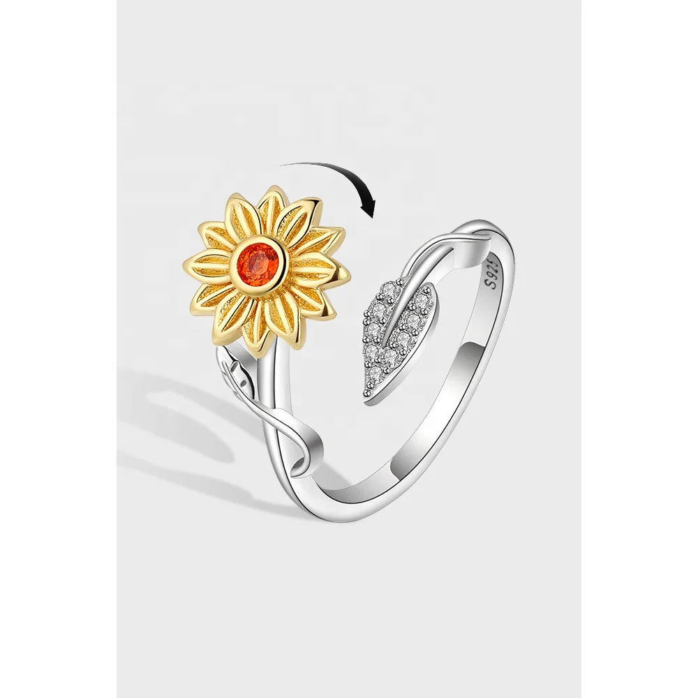 Relief Fidget Anti Stress Jewelry Adjustable Size Rotating 925 Sterling Silver Gold Rhodium Plated Zircon Sunflower Anxiety Ring