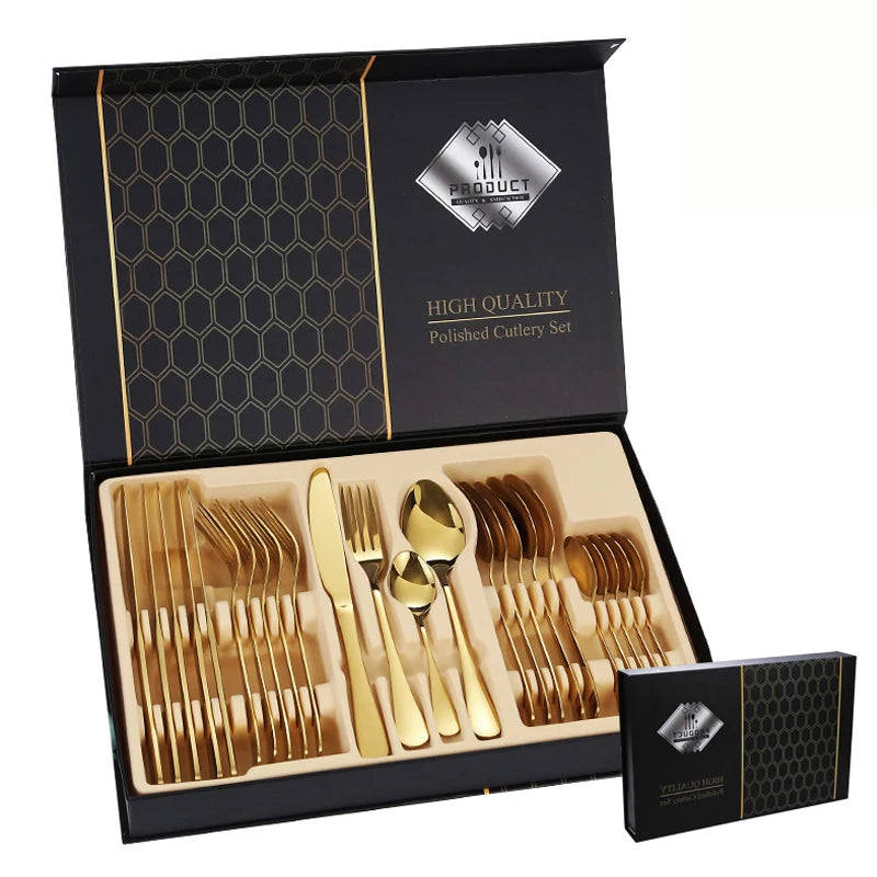 Luxury PVD Gold 24pcs Cutlery Set Stainless Steel Knife Fork Spoon Gold Flatware Set with case