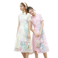 Chiffon Girl Long Office Daily Wear Cheongsam Woman Improvement Fresh Chinese Style Champagne Pink Color Dress Qipao for Ladies