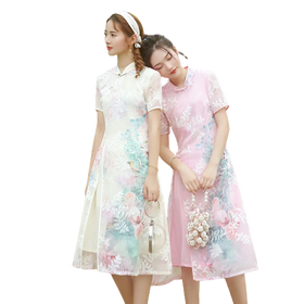 Chiffon Girl Long Office Daily Wear Cheongsam Woman Improvement Fresh Chinese Style Champagne Pink Color Dress Qipao for Ladies