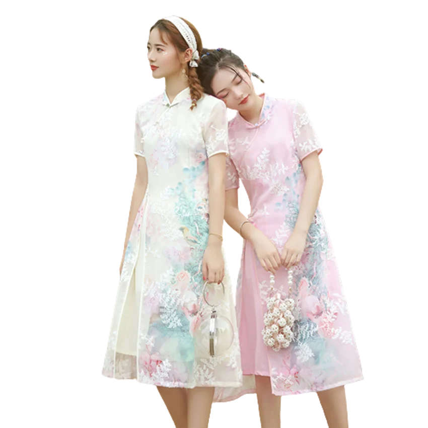 Chiffon Girl Long Office Daily Wear Cheongsam Woman Improvement Fresh Chinese Style Champagne Pink Color Dress Qipao for Ladies