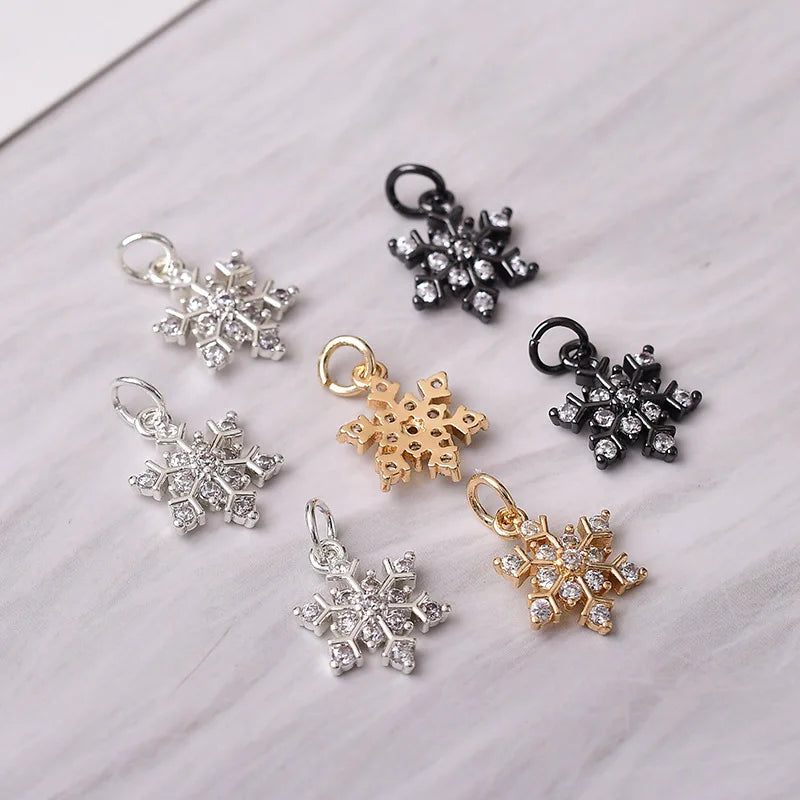 11mm Shiny Brass Gold CZ Clear White Zircon Snowflake Charm Pendant Wholesale for Jewelry Making Supplies