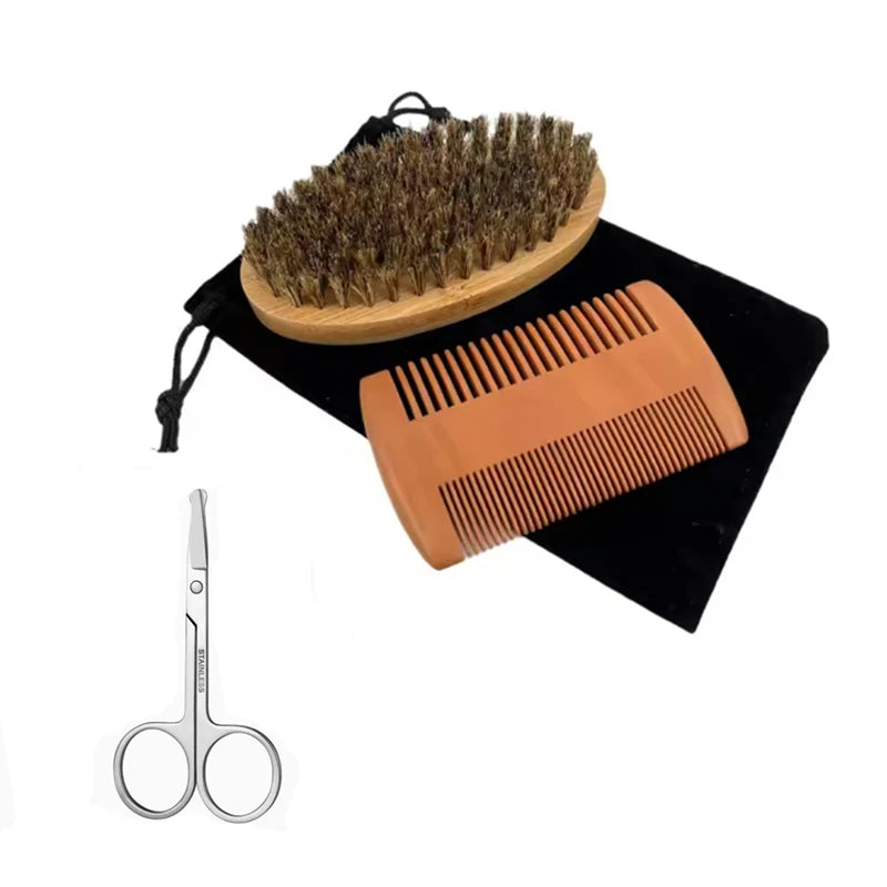 Professional Soft Bristle Wooden Beard Brush and Combing Set with Men's Scissors Gift Bag Included for Men's Shaving
