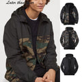 Men's Lightweight Windproof Hooded Zipper Windbreaker Jacket Stand Collar with Front Logo Camo Patchwork Design