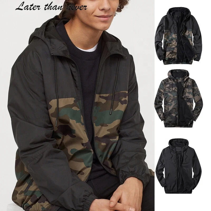 Men's Lightweight Windproof Hooded Zipper Windbreaker Jacket Stand Collar with Front Logo Camo Patchwork Design