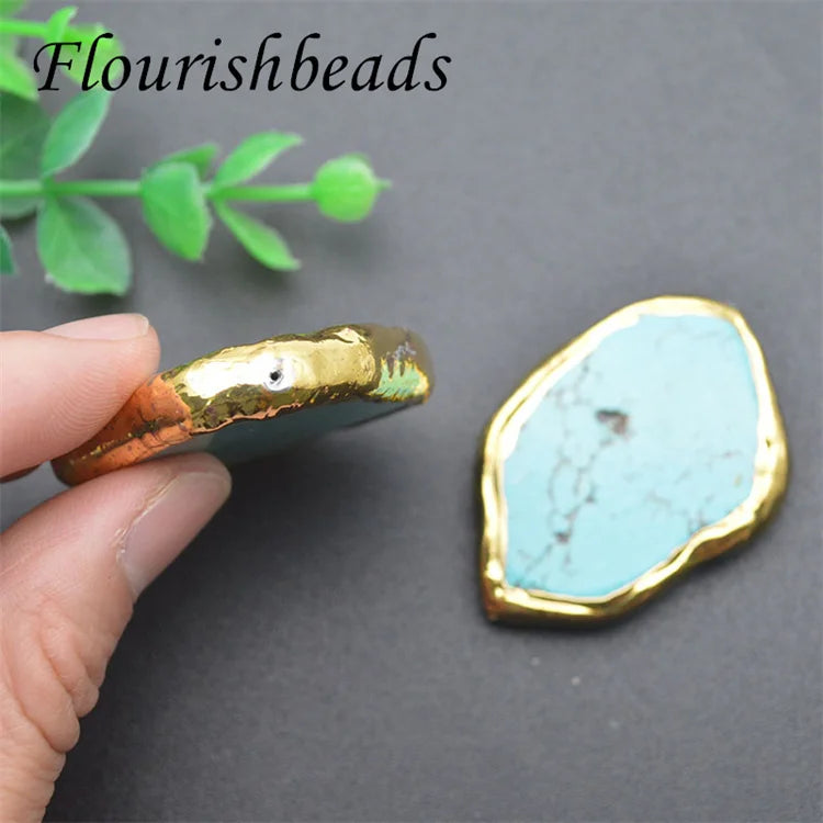 Wholesale Gold Plated Irregular Shape Freeform Blue Howlite Synthetic Turquoise Stone Slab Beads Foor DIY Necklace Making