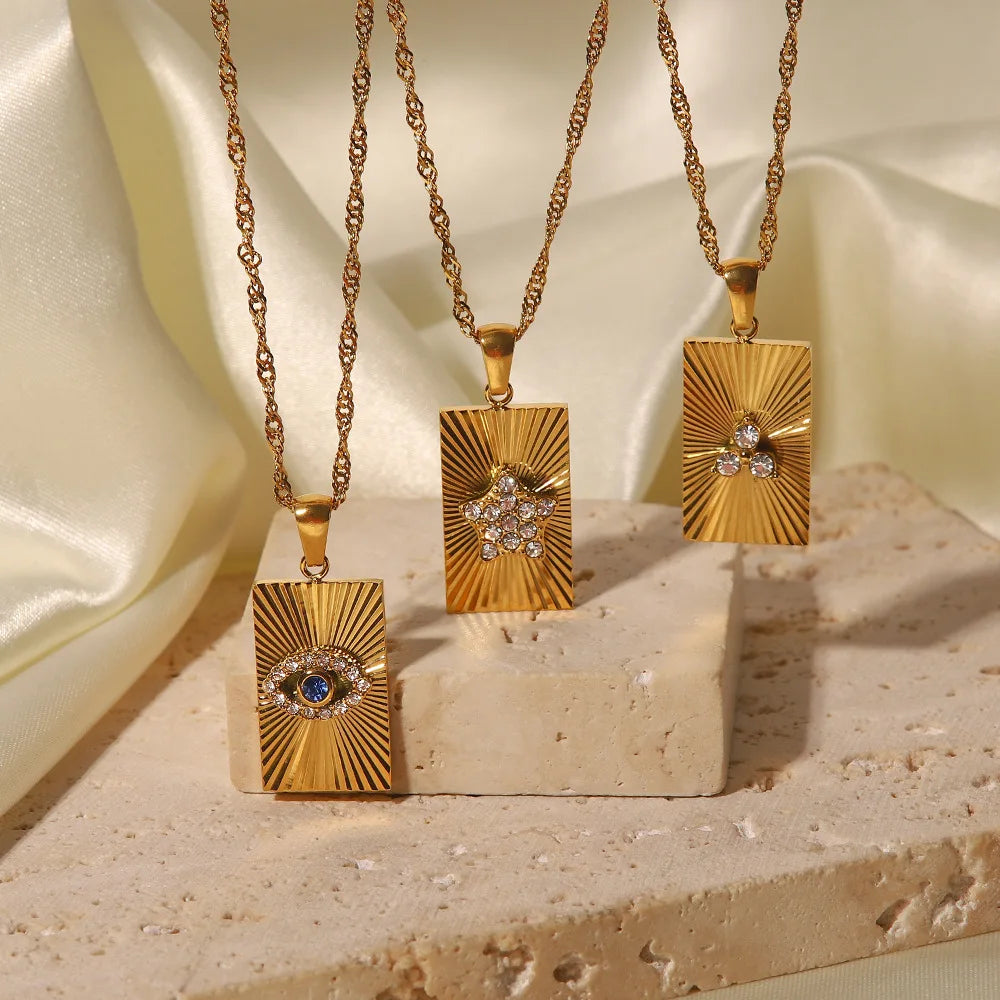 2022 New Stainless Steel 18K Gold-plated Texture Light Luxury Retro Inlaid Zircon square Pendant Accessories Spot Wholesale
