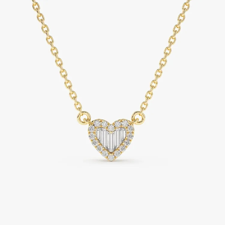 Delicate Valentine Jewelry Tiny 925 Sterling Silver Cz baguette Diamond Heart Shape Pendant Necklace for Women