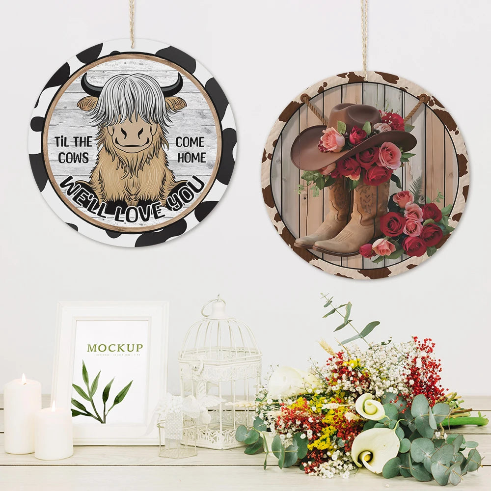 Welcome 30cm Round Wooden Hanging Sign Cowboy Farm Boho Home Farmhouse Wall Decor