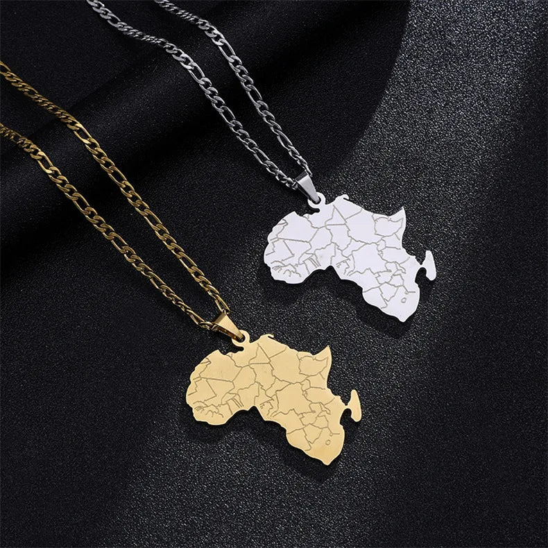 Wholesales Hip-hop Stainless Steel Gold Plated Non Tarnish Figaro Chain African Map Pendant Necklace for Men Women