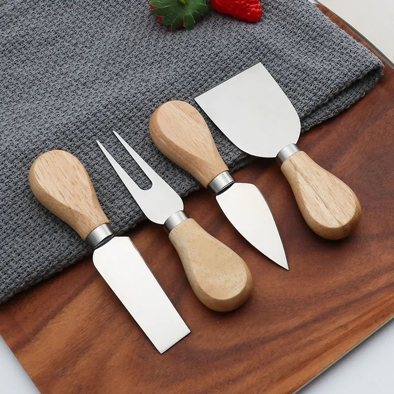 4pcs Unique Cheese Knife Tool Set Wood Bamboo Handle Stainless Steel Cheese Knife Set for Cheese Pizza