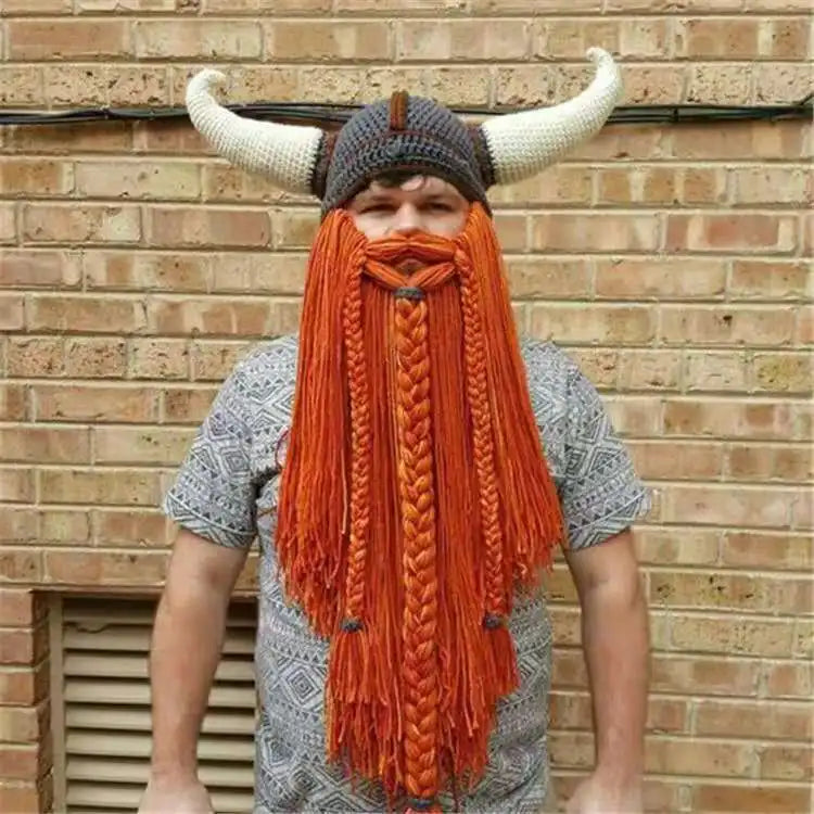 HZM-23303 Men's Head Barbarian Vagabond Beanie Original Foldaway Beard Hats Viking Horns Bearded Caps