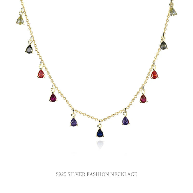 Simple Personality High Jewelry S925 Sterling Silver Gold Plated Jewelry Colorful Zircon Tassel Charm Necklace
