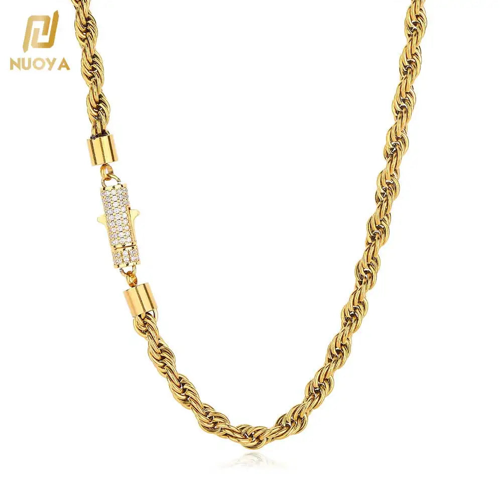 NUOYA New Style 6mm Iced Out Clasp Rope Chain 18k Gold Plated Stainless Steel Twist Rope Chain Necklace for Men