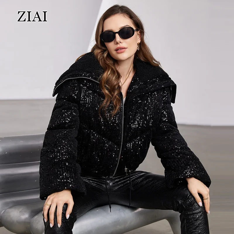 Women Winter Padded Coat Warm Short Black Gold Sequin Puffer Coat With Zip up Sequin