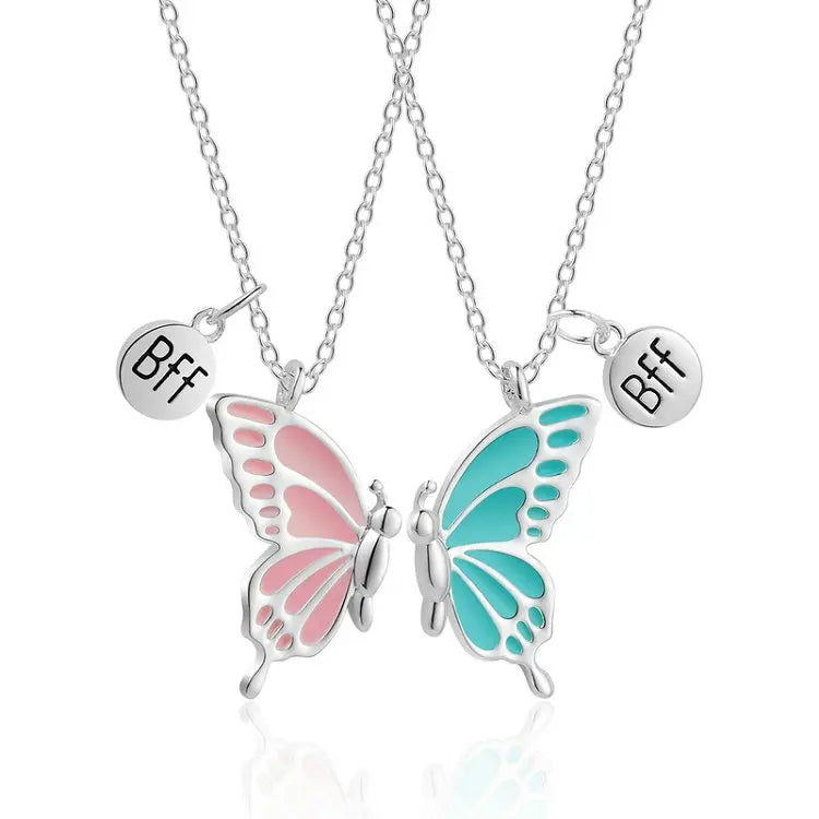 New Arrival Silver Butterfly BFF Charm Pendant Necklace Set Trendy Best Friend Gift Jewelry for Wedding or Party 2PCS alloy