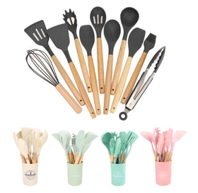 Non-stick Kitchen Silicone Utensils Set with Holder Wooden Handle Heat Resistant Silicone Kitchen Gadgets