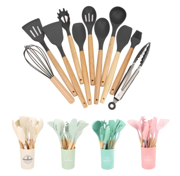 Non-stick Kitchen Silicone Utensils Set with Holder  Wooden Handle Heat Resistant Silicone Kitchen Gadgets