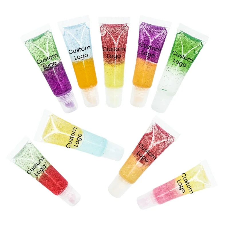No Brand Customized Private Label Vegan Moist Liquid Lip Gloss 9 Glitter Colors Long Lasting Jelly Duo Lipgloss Daily Use