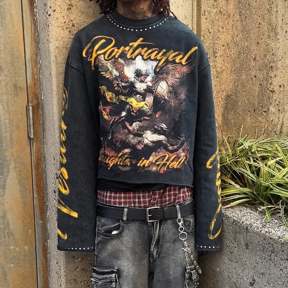 Custom Streetwear Distressed Long Sleeve T-shirt Oversized Acid Wash Cropped 100% Cotton Breathable O-Neck