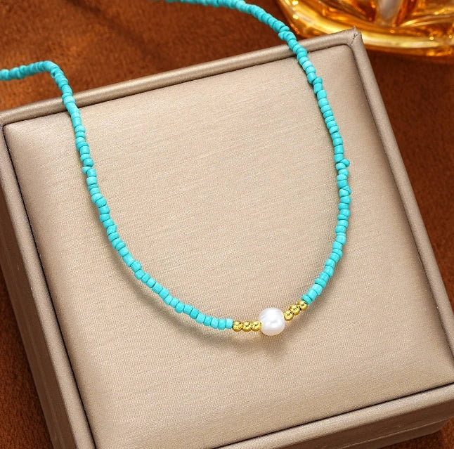 Bohemian Versatile God Design Freshwater Pearl Necklace for Women Turquoise Color