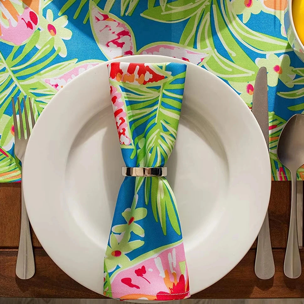 100% Polyester Green Leaves and Flowers Printed Dirt Resistant Outdoor Waterproof Wedding Party Decoration Square Floral Napkins