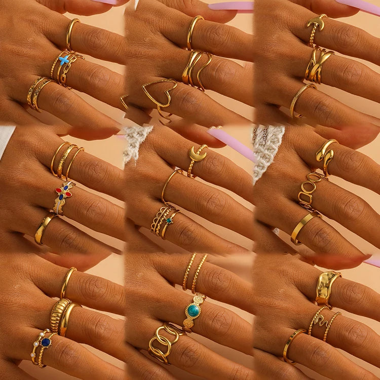 G2224 Wholesale Anillos De Acero Inoxidable 18K Gold PVD Plated Stainless Steel Hollow Ring Set Women Fashion Jewelry Rings