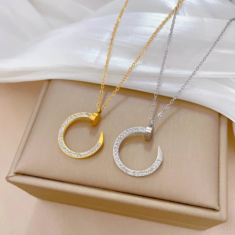 Titanium Steel Full Diamond Round Hook Shape Light Luxury Necklace Charm for Women Wedding Engagement Stainless Steel Jewelry