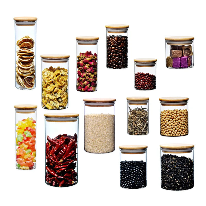 Custom Bulk 200ml Eco-friendly Food Tube Storage Container Glass Spice Jar Set with Bamboo Wooden Airtight Lids