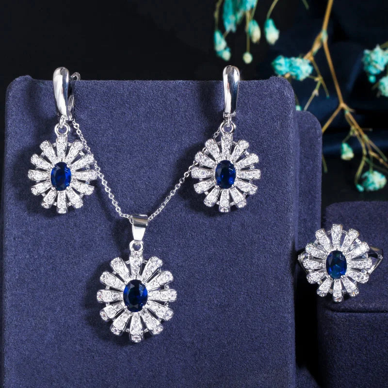 3pcs Fashion Brand Lovely Sun Flower CZ Stone Green Crystal Necklace Earrings and Ring Set Women Wedding Jewelry Accessories