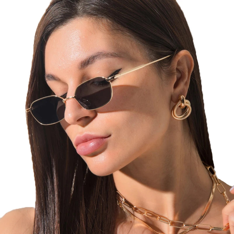STORY BL-S20131 Women's Fashion Polygon Sunglasses Metal Frame Luxury Designer Shades Glasses Gold Black Small Frame Sunglasses