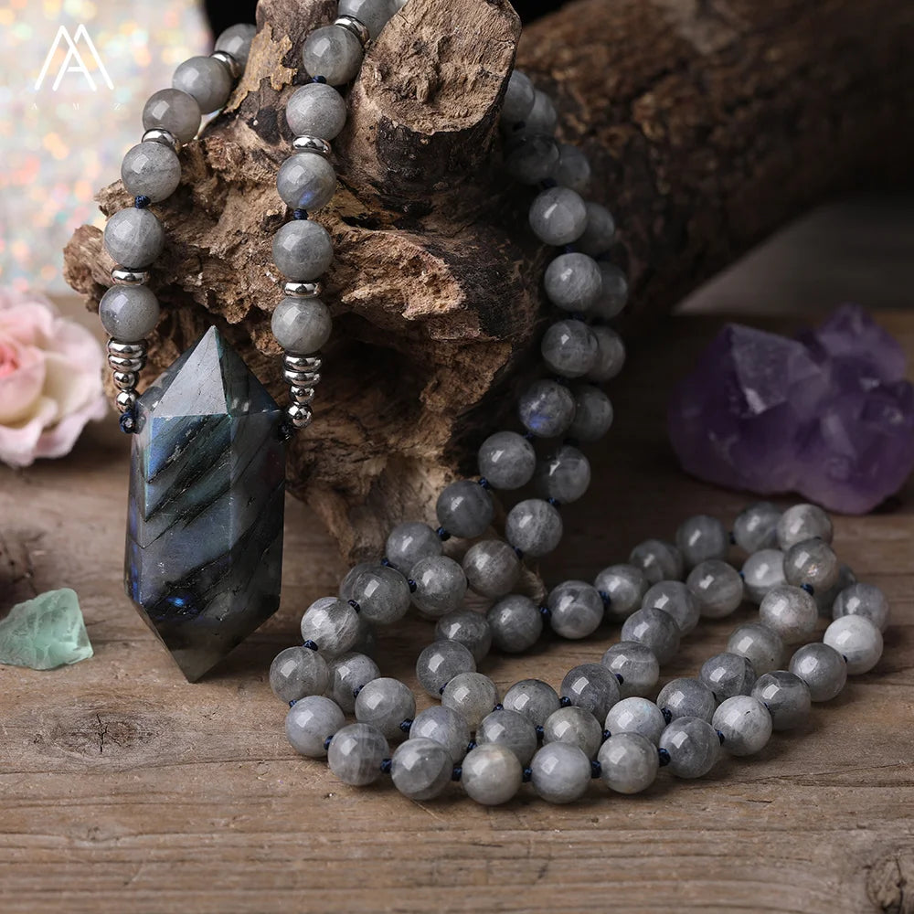 Flash Labradorite Mala Necklace Healing Round Gemstone Beads Reiki Chakra Jewelry for Men Gift