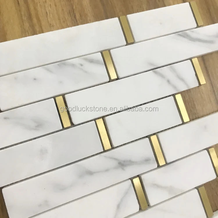 Modern White Marble Mix Brass Mosaic Tiles Brick Shape Parquet Design for Hotel Wall Decoration Room Application Graphic Design