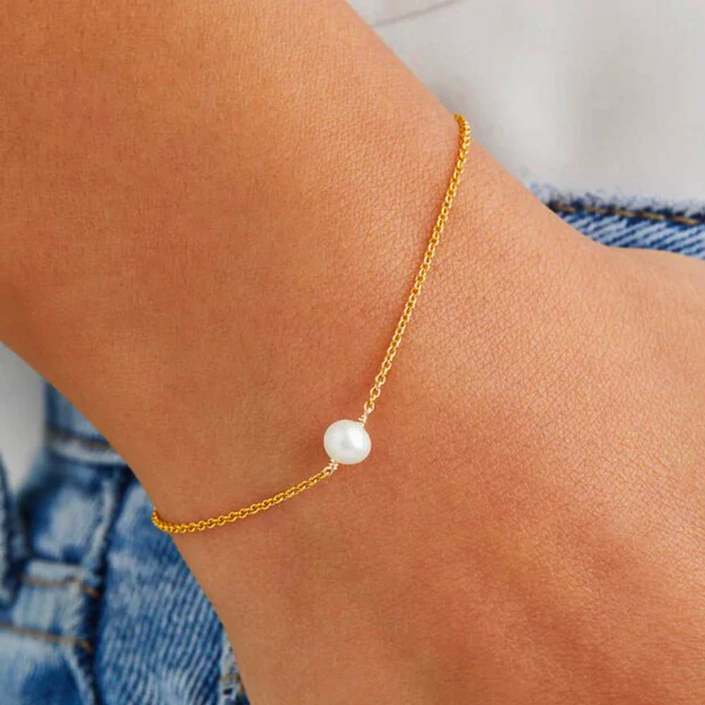 Minimalist Fashion S925 Sterling Silver Freshwater Pearl Bracelet Beads Gold Color Chain Bracelets for Women Girls Jewelry