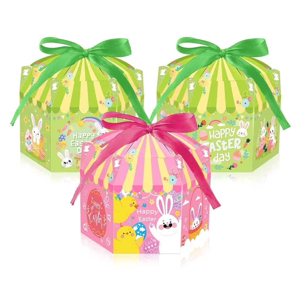 12 Pcs/Pack Happy Easter Hexagon Ribbon Paper Handle Box Party Candy Sweet Chocolate Gift Packaging Boxes for Easter Party Decor