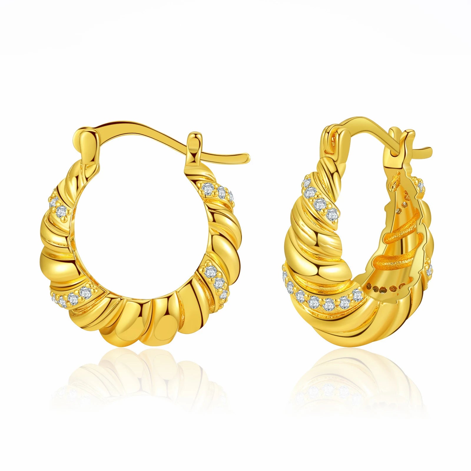 New Fashion Inlaid Zircon C Shape 18k Gold Plated Brass Croissant Earrings for Women Jewelry