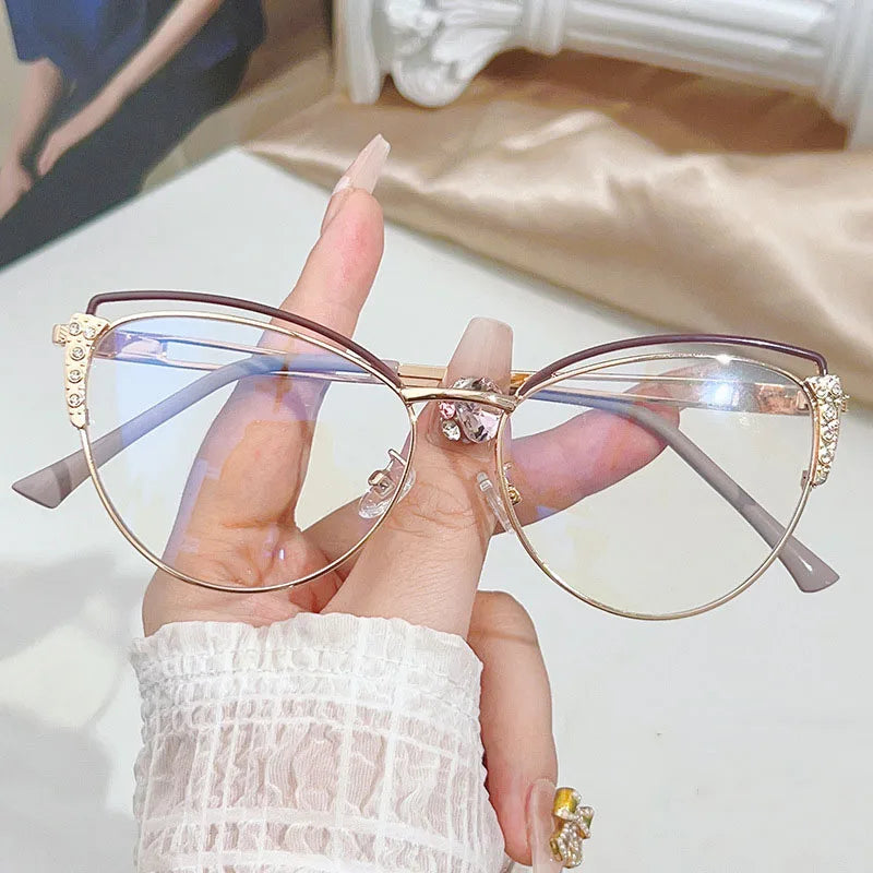 2024 Trendy Diamond Cat Eye Anti Blue Light Computer Female Metal Glasses Wholesale Women Eye Spectacle Eyewear