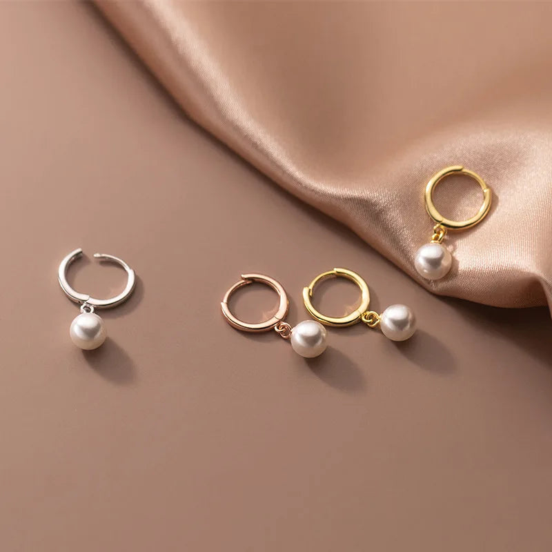 925 Sterling Silver Round White Shell Pearl Pendant Rose Gold Plated Hoop Earrings Fine Jewelry for Women