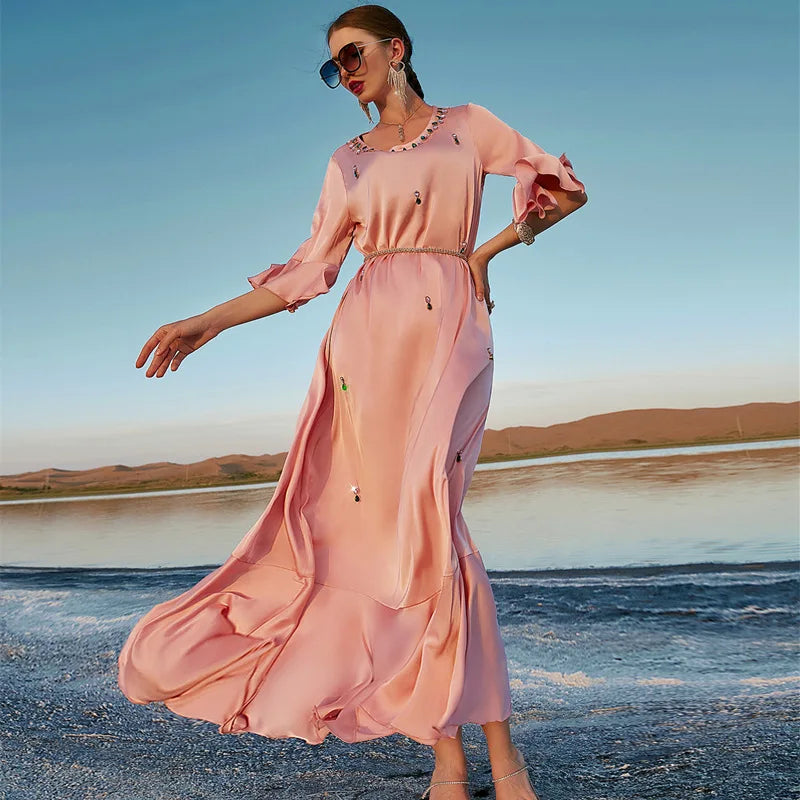 2022 New Style Muslim Dress Islamic Modest Dress with Diamond Beaded Pull Over Dress