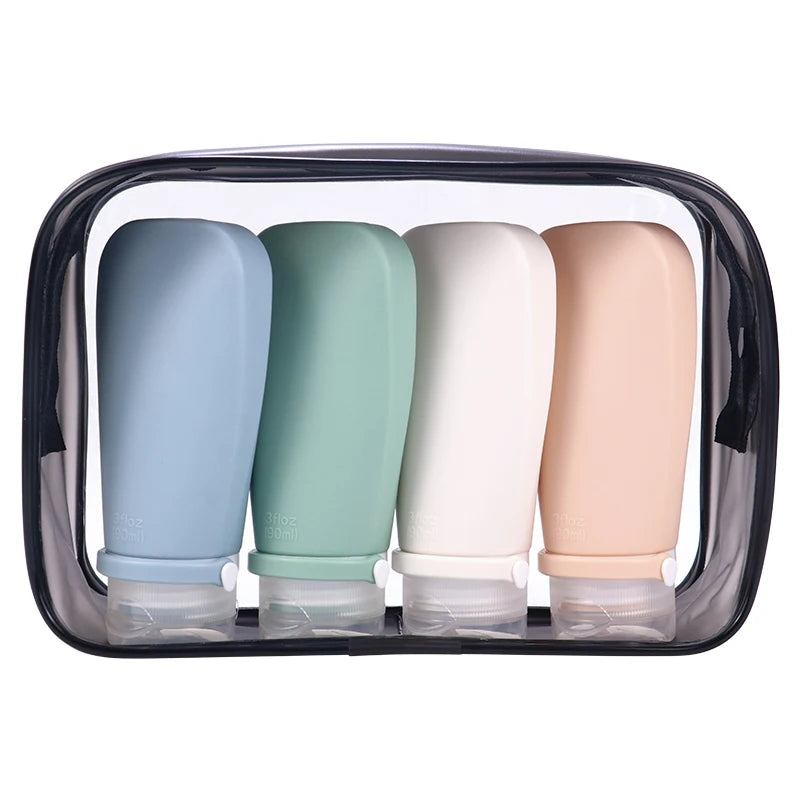 Custom TSA Approved Luxury 3oz 90ml Refillable 4 in 1 Silicone Travel Bottle Set Leak Proof Premium Silicone Travel Bottle Set
