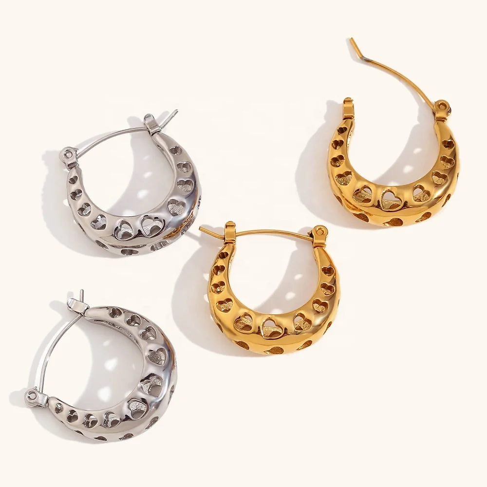Dingran High Quality Hollow Heart Earrings Waterproof 18K Gold Plated Hoop Earrings for Women