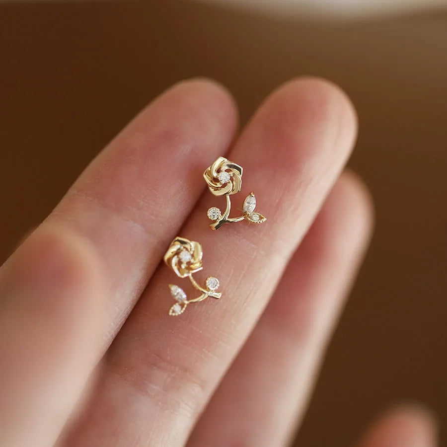 18K Gold Plated Delicate Fancy Cute Rose Flower Stud Earring Pure 925 Sterling Silver Zircon for Women Weddings Engagements